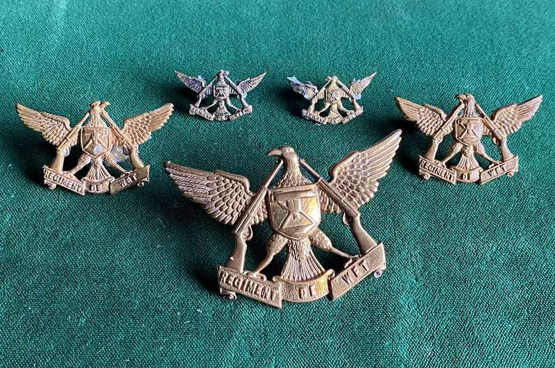 REGIMENT DE WET GILDING METAL CAP,COLLARS AND MESS DRESS COLLARS-WORN 1935-1966-ALL LUGS INTACT