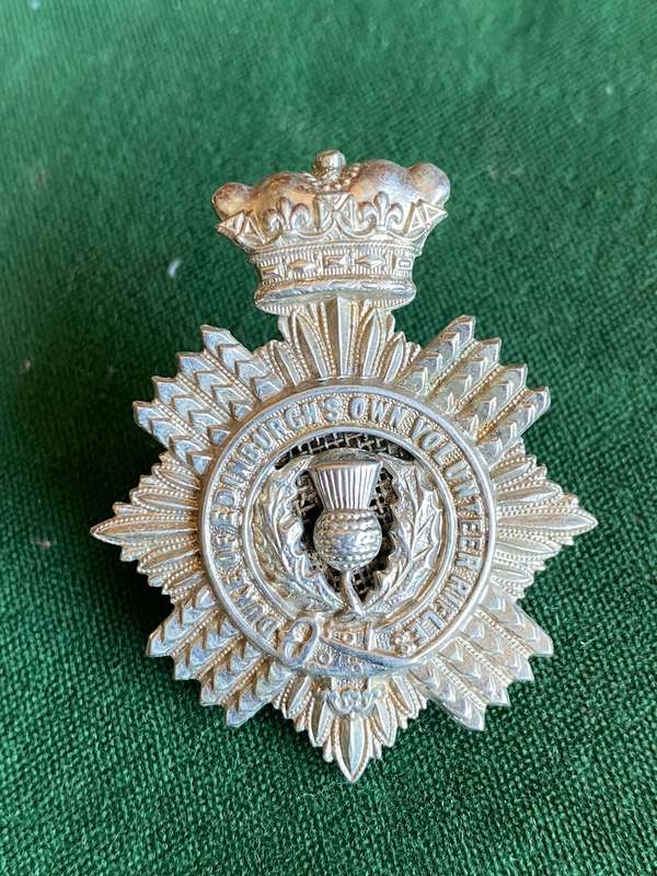 DUKE OF EDINBURGH'S OWN VOLUNTEER RIFLES WHITE METAL CAP BADGE-WORN 1902-1922-LUGS INTACT- MEASURES