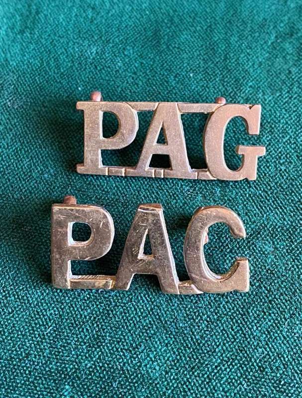 PRINCE ALFREDS GUARD-BRASS SHOULDER TITLE PAIR-WORN 1933/34-LUGS INTACT