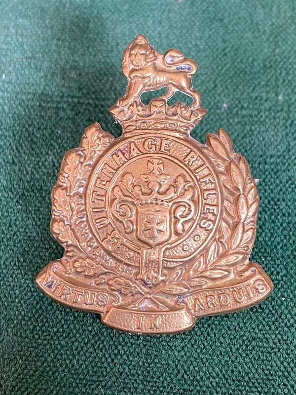 UITENHAGE RIFLES-BRASS CAP BADGE-WORN 1902-1913- 2 LUGS-MEASURES 35X28 MM