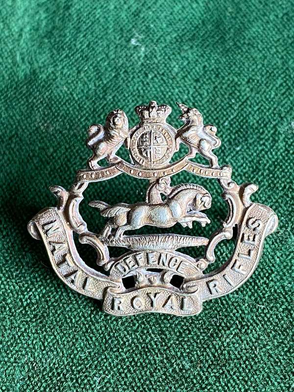 NATAL ROYAL RIFLES WHITE METAL COLLAR BADGE-WORN PRE 1902- 2 LUGS