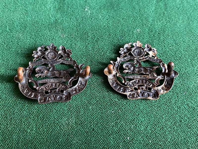 NATAL ROYAL RIFLES BRASS COLLAR BADGE PAIR-WORN PRE 1902-LUGS INTACT
