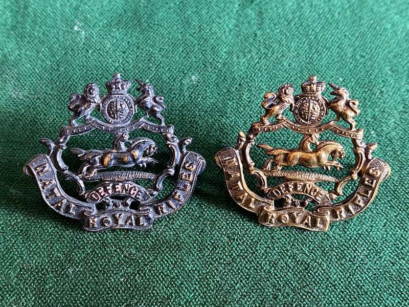 NATAL ROYAL RIFLES BRASS COLLAR BADGE PAIR-WORN PRE 1902-LUGS INTACT