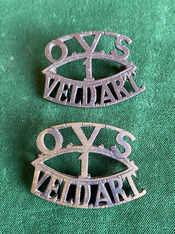 FIRST (BLOEMFONTEIN) BATTERY O.F.S. FIELD ARTILLERY TITLE PAIR-WORN DURING 1930'S-BLACKENED BRASS-AL
