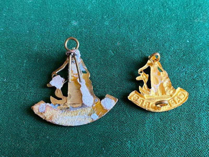 CAPE CORPS,GILT OFFICERS CAP AND COLLAR BADGE-WORN 1940-45-ONE LUG ON CAP MISSING
