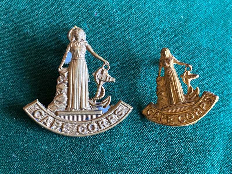 CAPE CORPS,GILT OFFICERS CAP AND COLLAR BADGE-WORN 1940-45-ONE LUG ON CAP MISSING