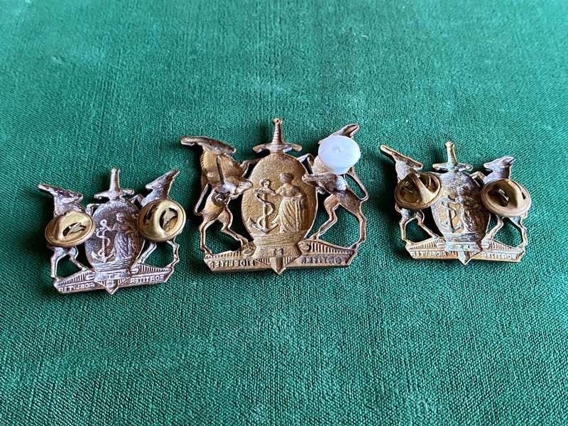 SA COLOURED CORPS,BRASS CAP AND COLLARS-PINS COMPLETE-WORN 1954-1970'S
