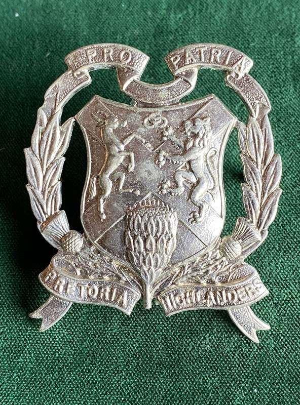 PRETORIA HIGHLANDERS WHITE METAL TAMO SHANTER BADGE- WORN POST 1948- 2 LUGS