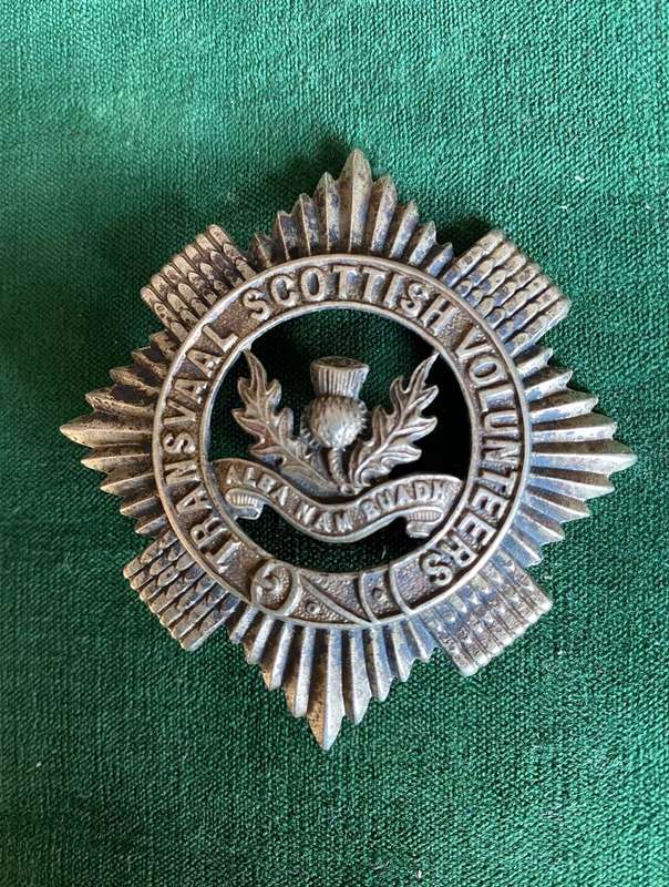 TRANSVAAL SCOTTISH VOLUNTEERS CAP BADGE-WORN 1906-1911-ONE LUG MISSING