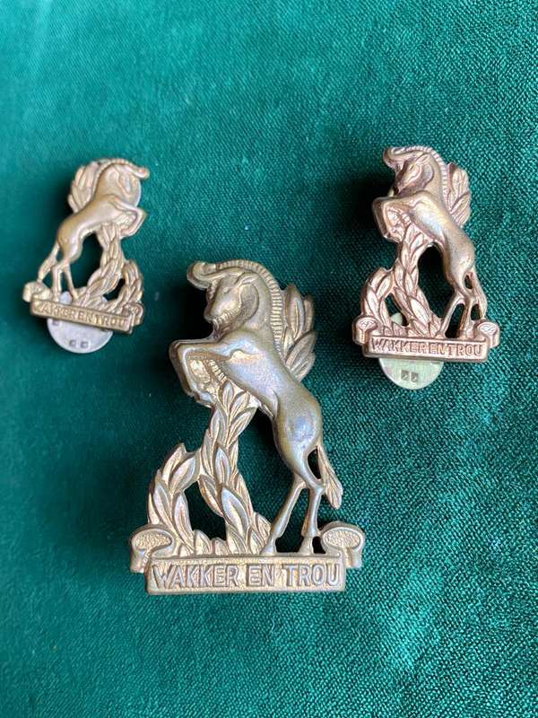 REGT. BLOEMSPRUIT GILDING METAL CAP AND COLLARS-WORN POST 1966-PINS + LUGS-COMPLETE