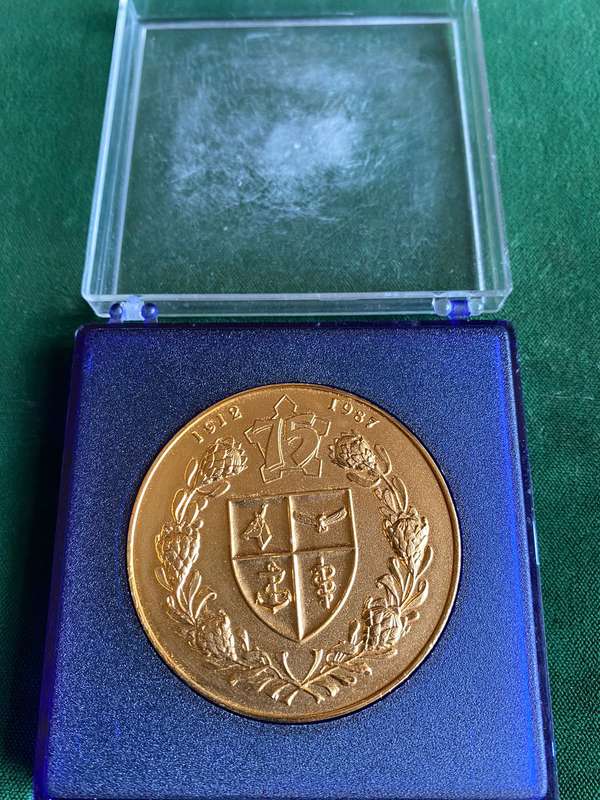 SA ARMY 75TH ANNIVERSARY MEDALLION 1912-1987-GILT-DIAMETER 50MM-BOXED