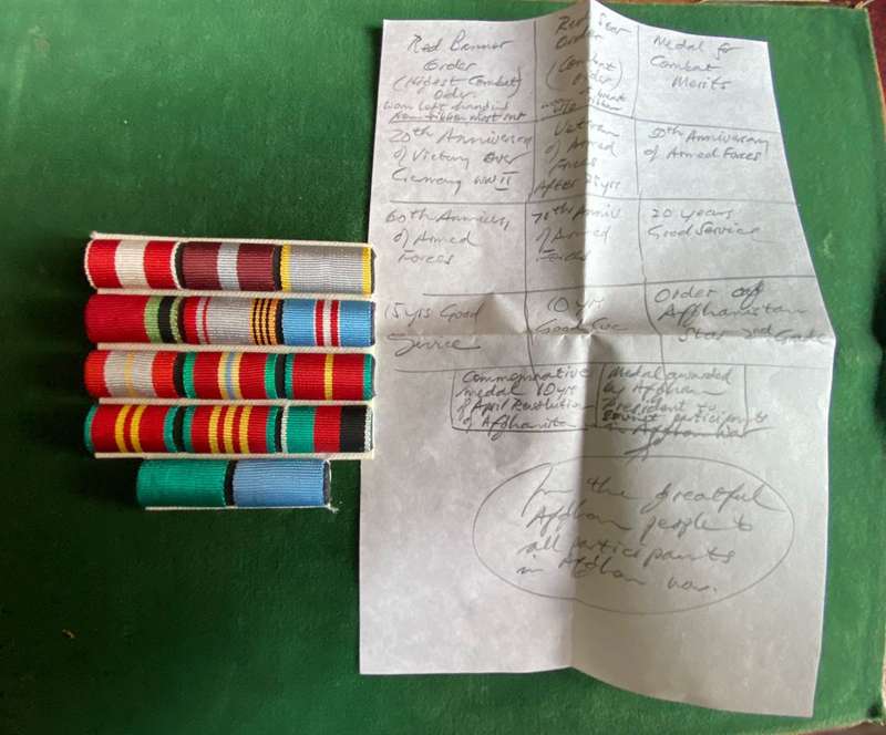 MEDAL RIBBON BOARD FOR MEDALS AWARDED FOR PARTICIPANT IN AFGHAN WAR