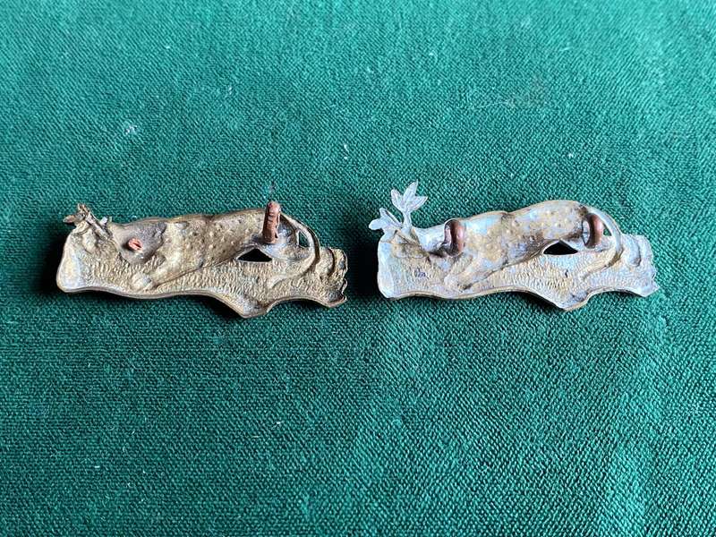 1ST CITY REGTIMENT COLLAR BADGE PAIR-WORN 1906-1950'S-ONE LUG MISSING