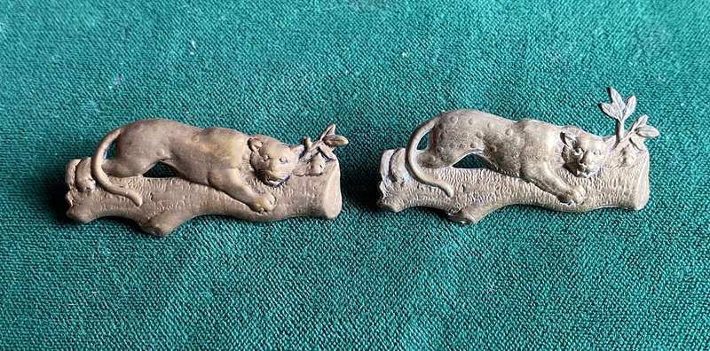 1ST CITY REGTIMENT COLLAR BADGE PAIR-WORN 1906-1950'S-ONE LUG MISSING