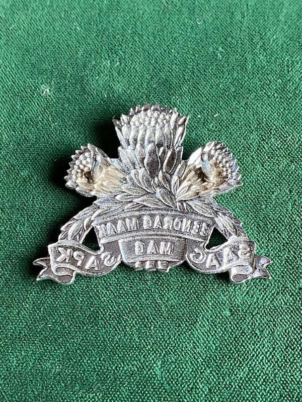 SA ARMOURED CORPS,CHROME CAP BADGE-WORN 1970'S-1980'S- 2 LUGS