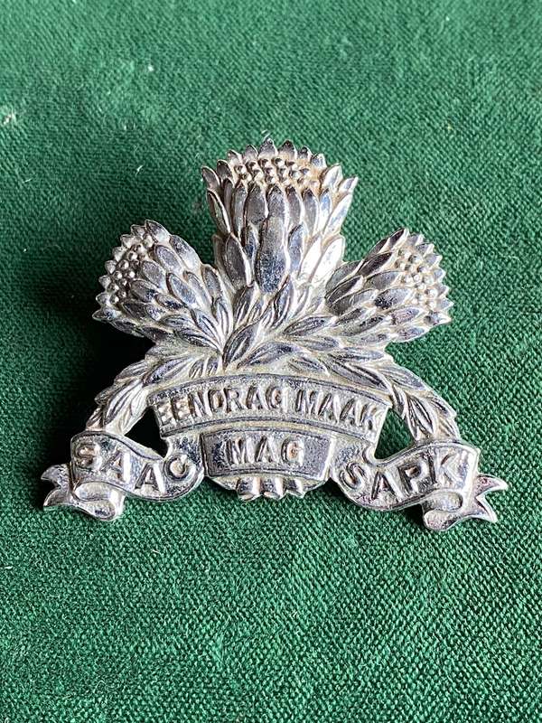 SA ARMOURED CORPS,CHROME CAP BADGE-WORN 1970'S-1980'S- 2 LUGS