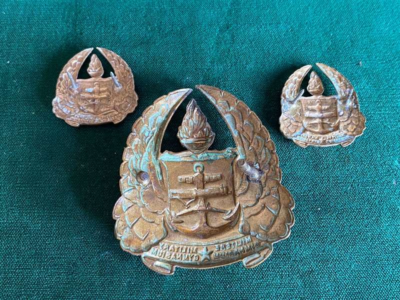MILITARY GYMNASIUM CAP AND 2 COLLARS-WORN 1950-1967-ONE LUG ON CAP MISSING
