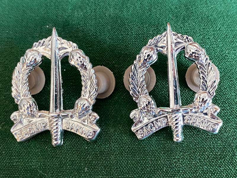 SACMP CHROME COLLAR BADGE PAIR-WORN FROM 1976-PINS INTACT