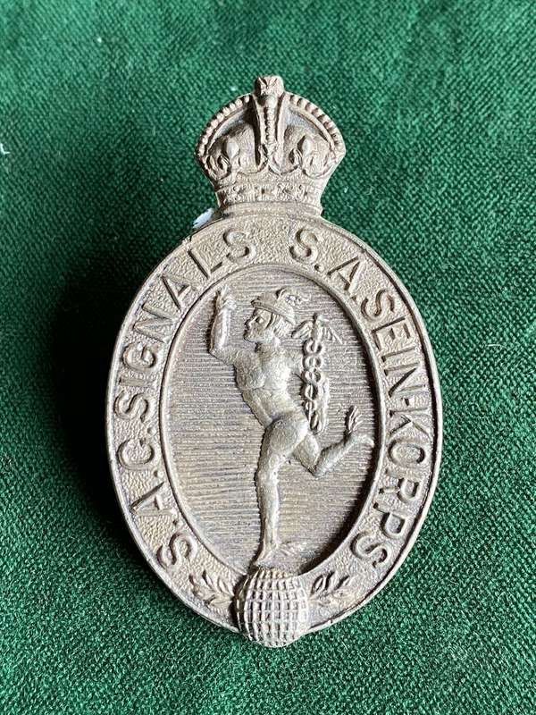 SA CORPS OF SIGNALS WHITE METAL UNOFFICIAL CAP BADGE-WORN WW2- 2 LUGS