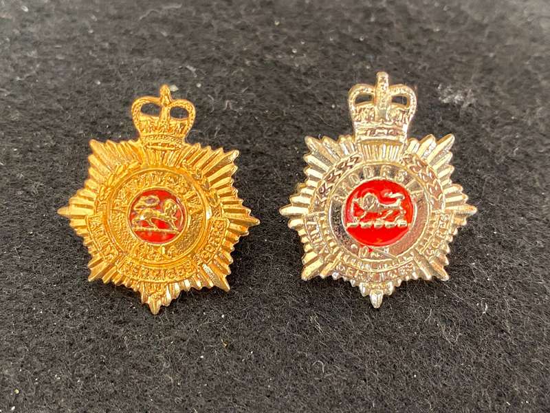 RHODESIAN ARMY SERVICES CORPS COLLAR BADGE PAIR-ANODISED-WORN 1964-1970- LUGS INTACT