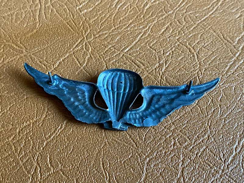 SWA PARACHUTE INSTRUCTOR WING- OXIDISED SILVER AND ENAMEL BREAST BADGE-APPROVED IN 1984- 2 PINS