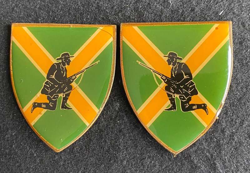 DANIE THERON COMBAT SCHOOL-DARK GREEN AND BROWN YELLOW,FLASH PAIR-OWEN NO F 857/F 858-NO PINS