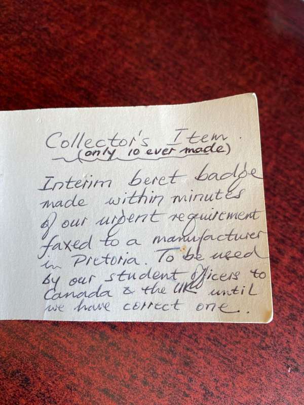 Namibia Interim Beret Badge - Note by Colonel Radmore in Pictures - Only 10 Made
