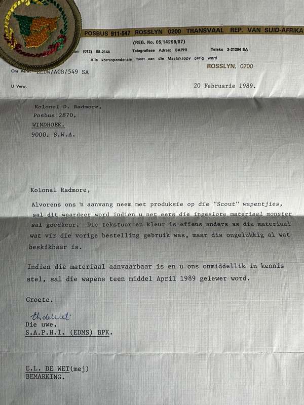BOY SCOUTS OF SWA POCKET BADGE WITH ORIGINAL LETTER-DATED 1989-ADDRESSED TO COL. RADMORE