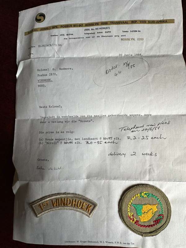 BOY SCOUTS OF SWA POCKET BADGE WITH ORIGINAL LETTER-DATED 1988 ADDRESSED TO COL. RADMORE