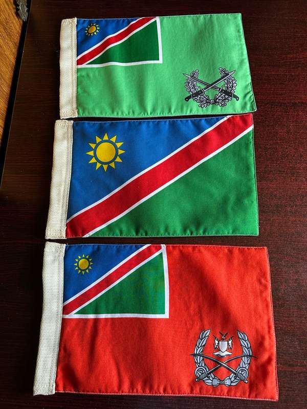 3X SMALL NAMIBIAN FLAGS-SOLD TOGETHER-MEASURES 32X20 CM-DOUBLE SIDED