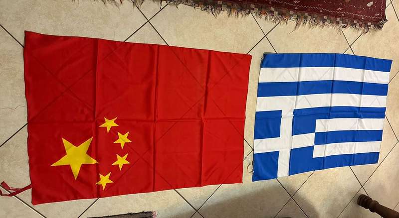 COMMUNIST CHINA AND GREEK FLAGS-SOLD TOGETHER-POLYESTER DOUBLE SIDED-MEASURES 104X75CM-GOOD CONDITIO