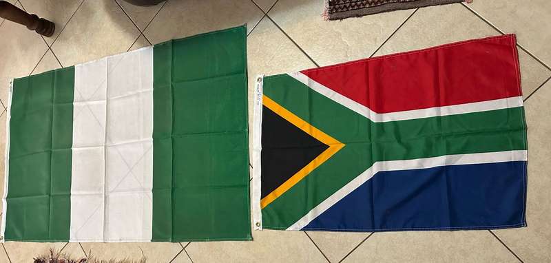 NIGERIA FLAG-COTTON-DOUBLE SIDED-MEASURES 90X153CM-SOLD WITH SA FLAG-POLYESTER-MEASURES 63X 90 CM