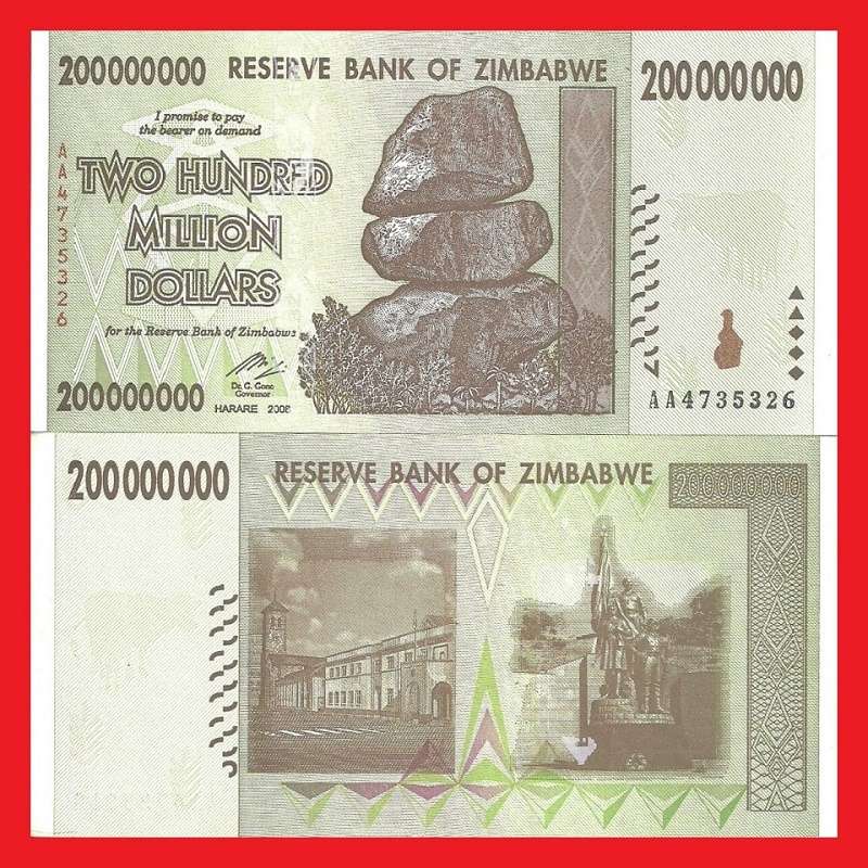 Zimbabwe 200 Million Dollar Banknote Serial AA4735326 UNC