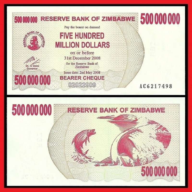 Zimbabwe 500 Million Dollar Bearer Cheque AC6217498