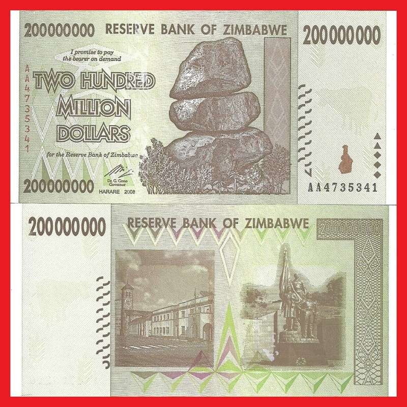 Zimbabwe 200 Million Dollar Banknote Serial AA4735341 UNC