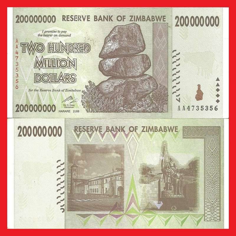 Zimbabwe 200 Million Dollar Banknote Serial AA4735356 UNC