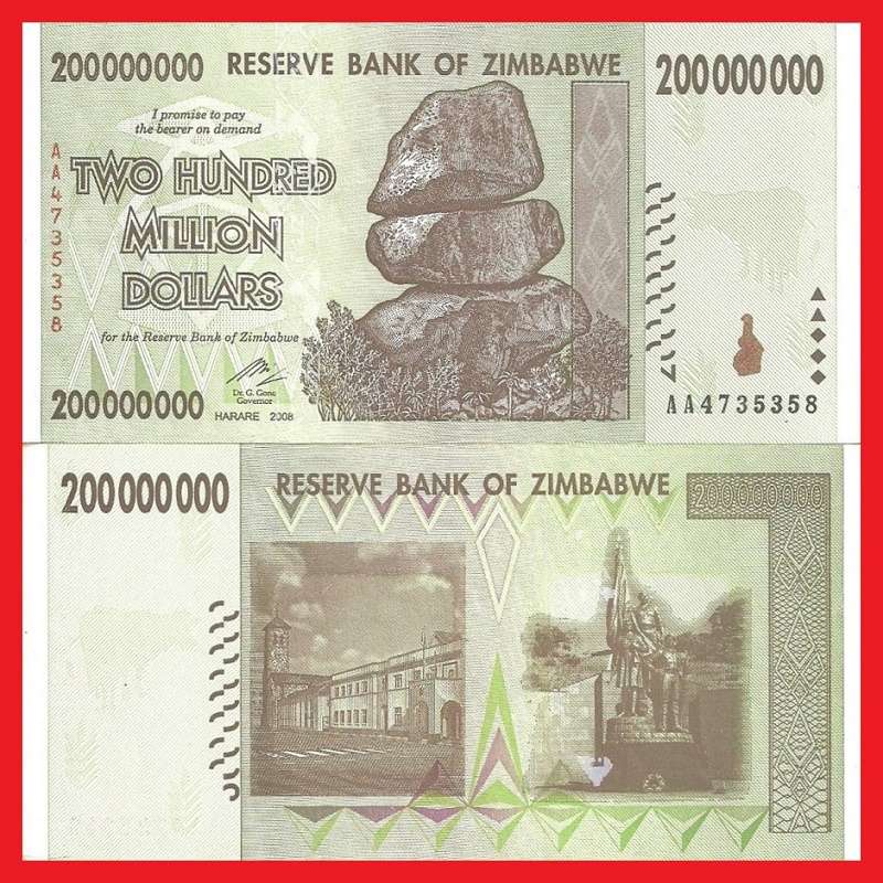 Zimbabwe 200 Million Dollar Banknote Serial AA4735358 UNC