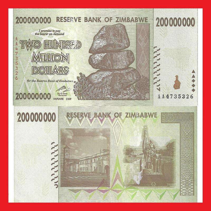 Zimbabwe 200 Million Dollar Banknote Serial AA4735326 UNC