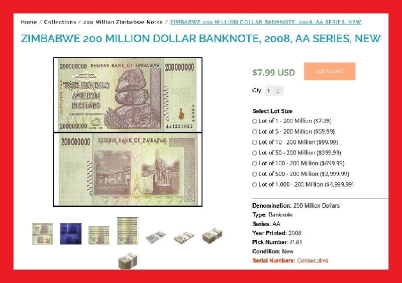 Zimbabwe 200 Million Dollar Banknote Serial AA4735341 UNC
