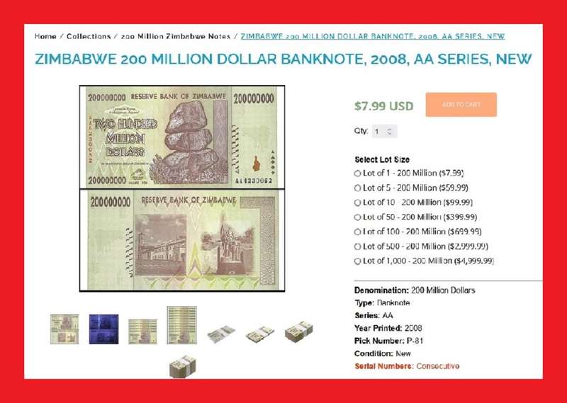 Zimbabwe 200 Million Dollar Banknote Serial AA4735326 UNC