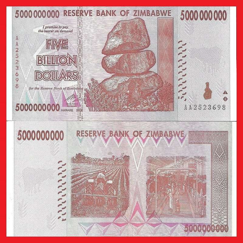 Zimbabwe 5 Billion Dollar Banknote Serial AA2523698 AU