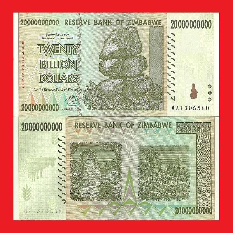 Zimbabwe 20 Billion Dollar Banknote Serial AA1306560 XF