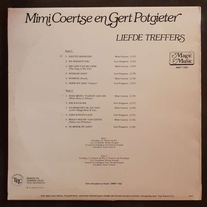 Mimi Coertse en Gert Potgieter - Liefde Treffers LP Vinyl Record
