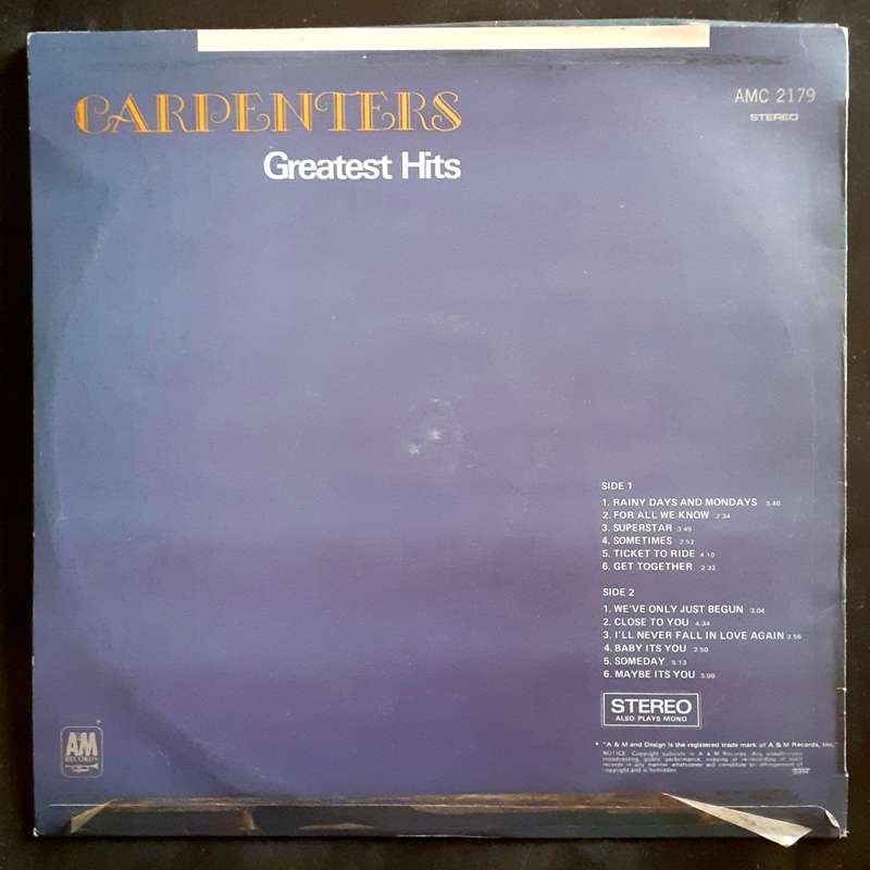 Carpenters Greatest Hits LP Vinyl Record