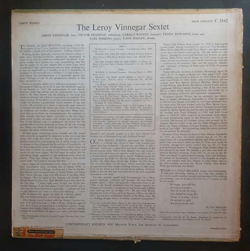 Leroy Vinnegar Sextet - Leroy Walks! LP Vinyl Record - USA Pressing