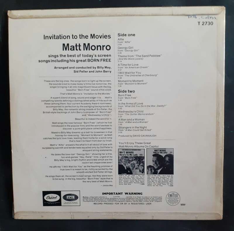 Matt Monro - Born Free (Invitation To The Movies) LP Vinyl Record