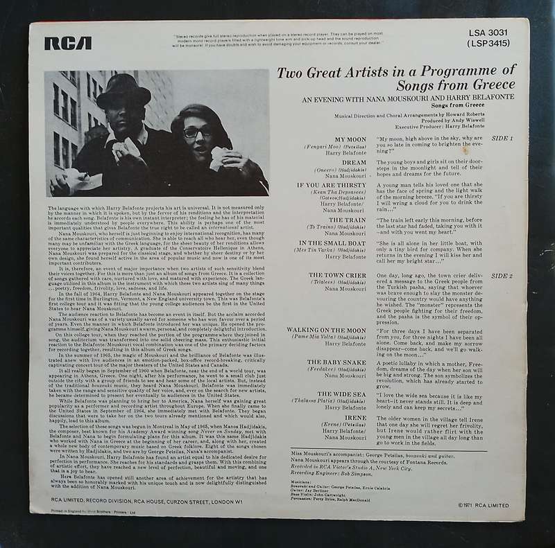 An Evening With Nana Mouskouri And Harry Belafonte LP Vinyl Record - UK Pressing