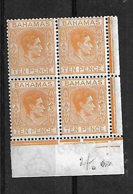Bahamas - 1938 KGVI 10p Definitive Block of 4 Stamps MH