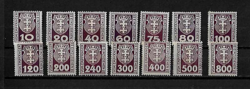 Danzig (Germany) - 1922 Postage Dues Part Set of 14 Stamps MH
