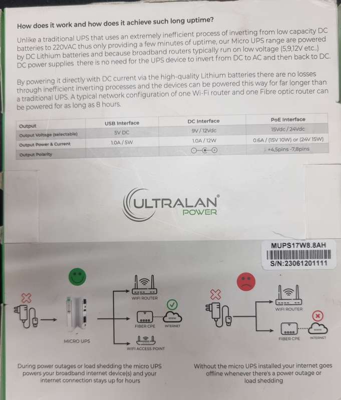 UltraLAN Mini UPS (DC, USB & PoE) - 17W 8.8AH